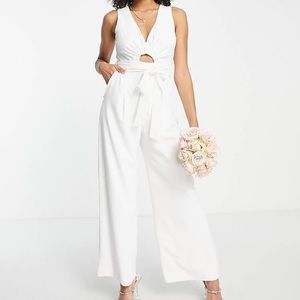 Ever New ASOS Jumpsuit White Wide Leg Bridal CutOut Size 2 Wedding Belted Jumper